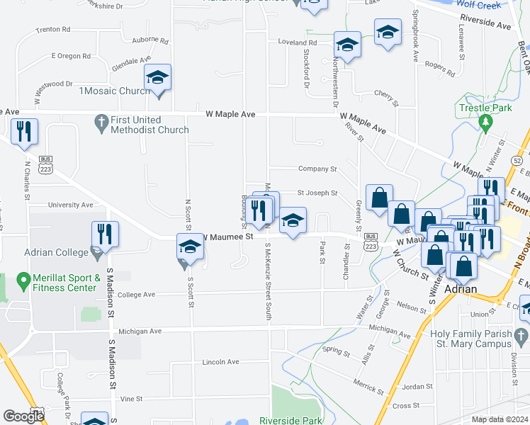 map of restaurants, bars, coffee shops, grocery stores, and more near 135 McKenzie Street North in Adrian