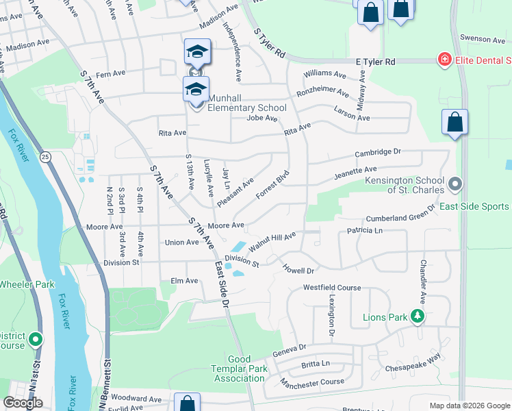 map of restaurants, bars, coffee shops, grocery stores, and more near 1913 Forrest Boulevard in St. Charles