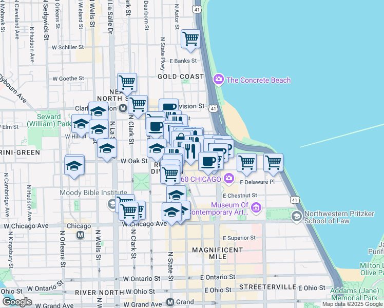 map of restaurants, bars, coffee shops, grocery stores, and more near 60 East Oak Street in Chicago