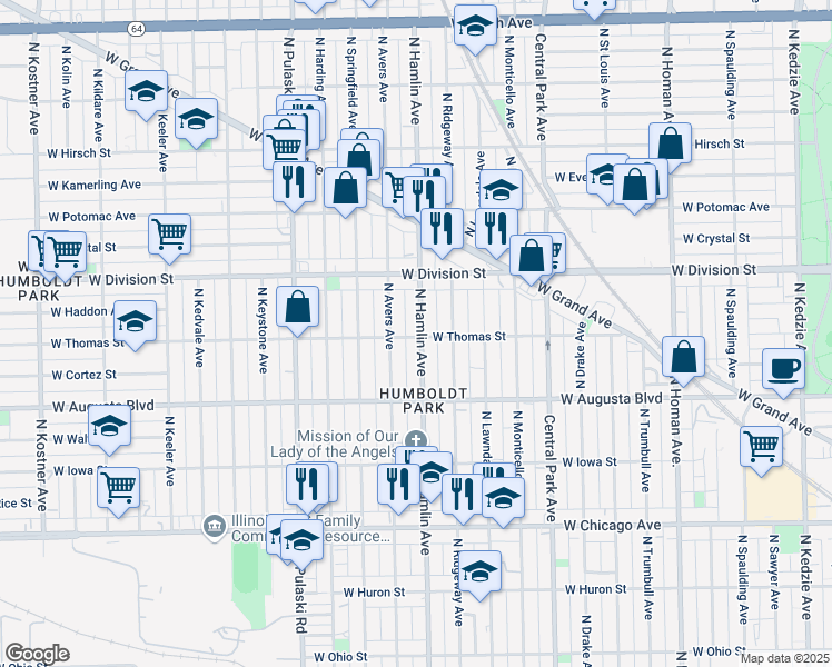 map of restaurants, bars, coffee shops, grocery stores, and more near 1100 North Hamlin Avenue in Chicago
