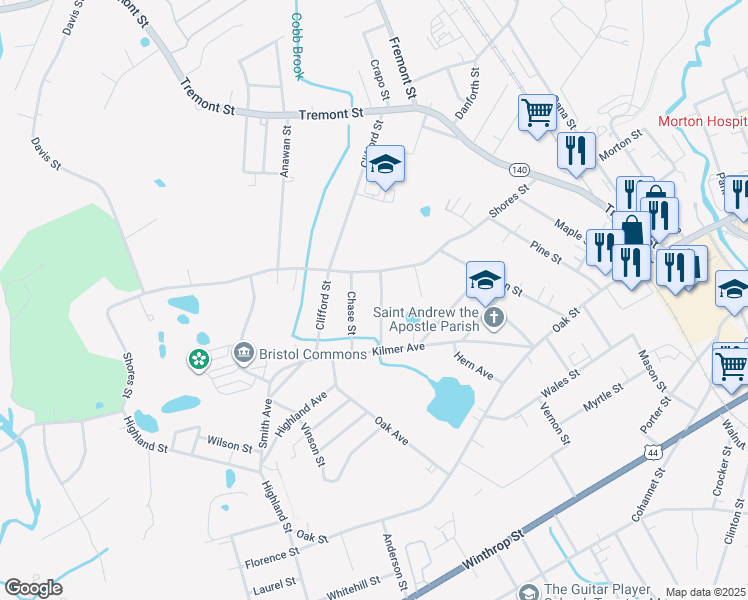 map of restaurants, bars, coffee shops, grocery stores, and more near 17 Bliss Street in Taunton