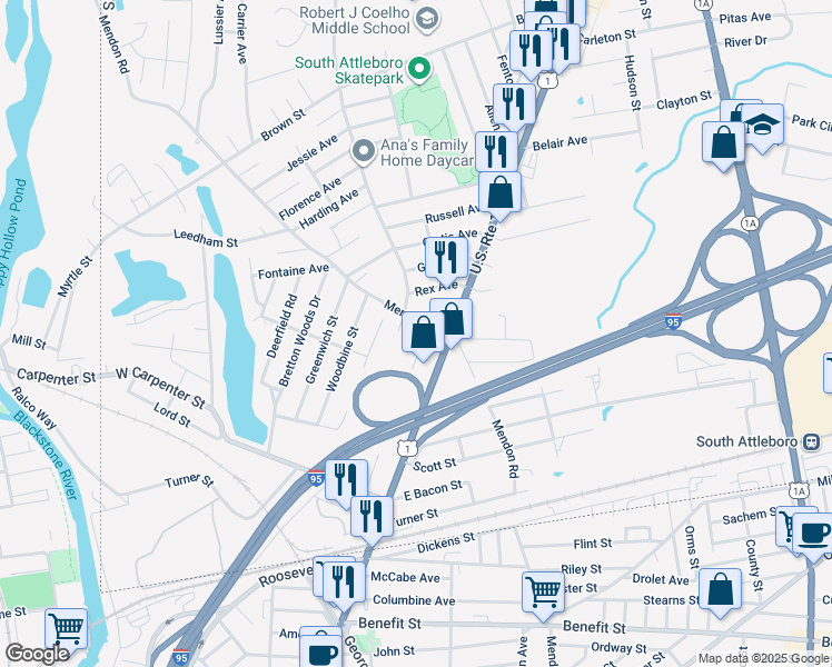 map of restaurants, bars, coffee shops, grocery stores, and more near 79 Allenson Avenue in Attleboro