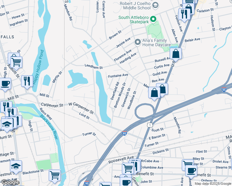 map of restaurants, bars, coffee shops, grocery stores, and more near 30 Deerfield Road in Attleboro
