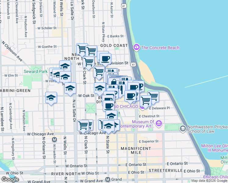 map of restaurants, bars, coffee shops, grocery stores, and more near 60 East Oak Street in Chicago