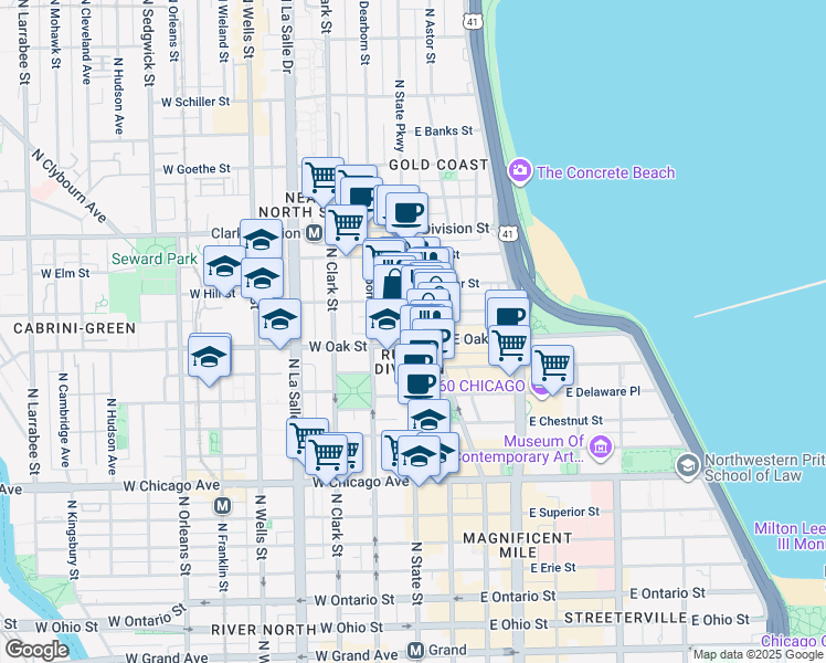 map of restaurants, bars, coffee shops, grocery stores, and more near 1022 North State Street in Chicago