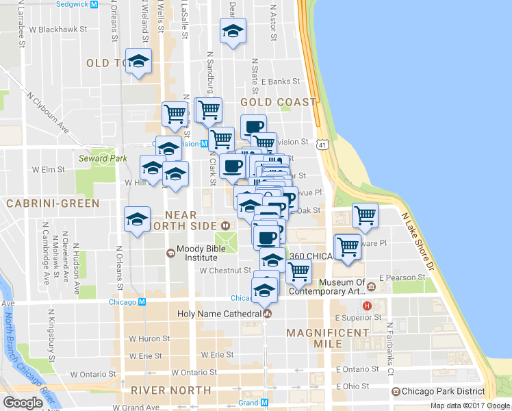 map of restaurants, bars, coffee shops, grocery stores, and more near 1022 North State Street in Chicago