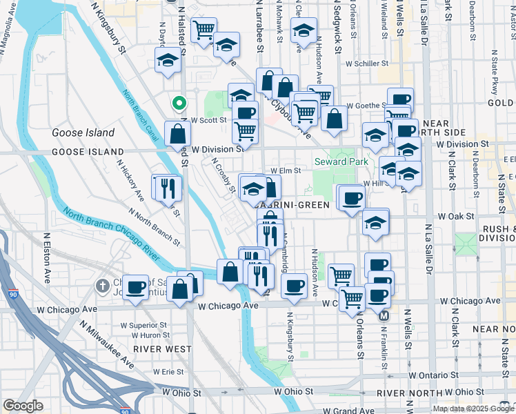 map of restaurants, bars, coffee shops, grocery stores, and more near in Chicago
