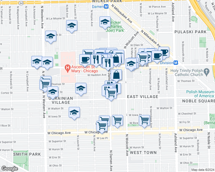 map of restaurants, bars, coffee shops, grocery stores, and more near 2019 West Thomas Street in Chicago
