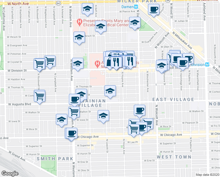 map of restaurants, bars, coffee shops, grocery stores, and more near 2131 West Thomas Street in Chicago