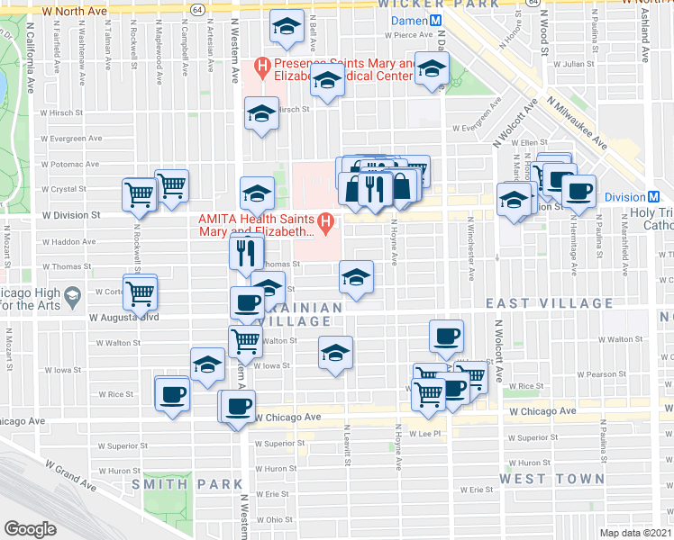 map of restaurants, bars, coffee shops, grocery stores, and more near in Chicago