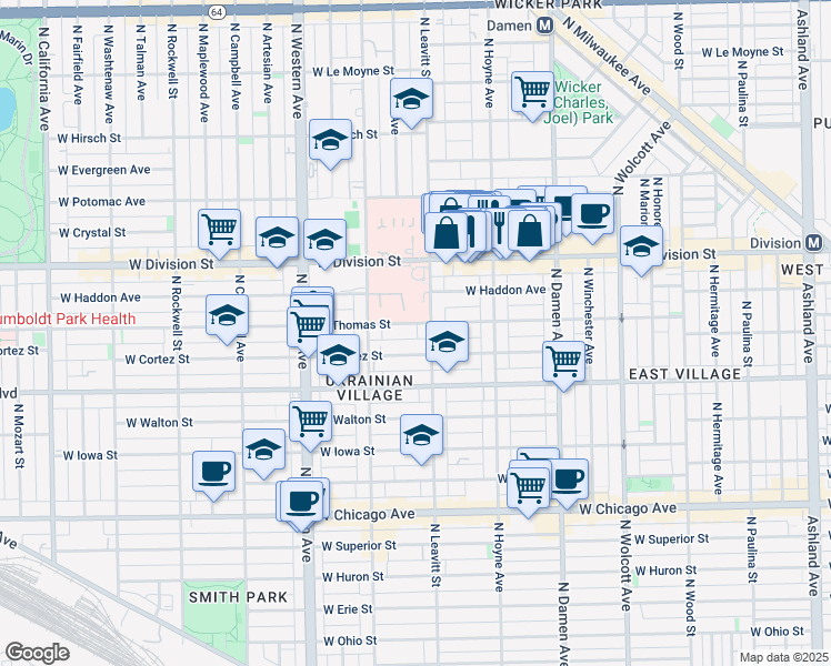 map of restaurants, bars, coffee shops, grocery stores, and more near in Chicago