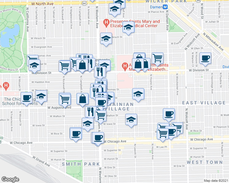 map of restaurants, bars, coffee shops, grocery stores, and more near 2323 West Thomas Street in Chicago