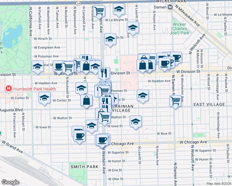 map of restaurants, bars, coffee shops, grocery stores, and more near 2323 West Thomas Street in Chicago