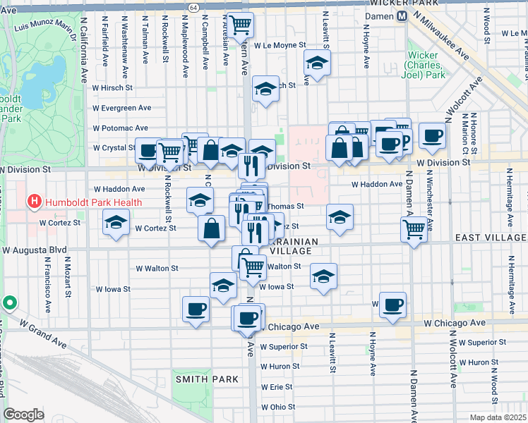 map of restaurants, bars, coffee shops, grocery stores, and more near 2323 West Thomas Street in Chicago