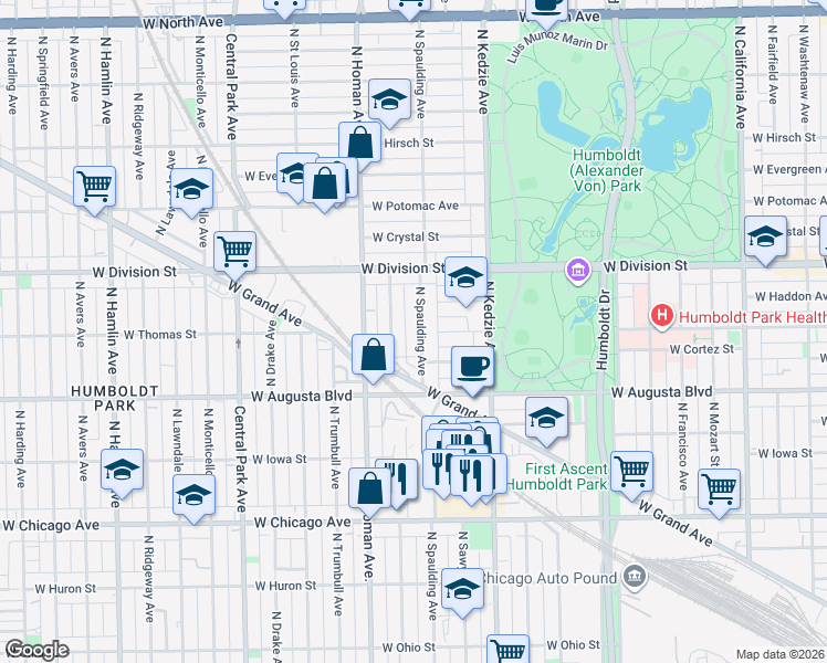 map of restaurants, bars, coffee shops, grocery stores, and more near 1064 North Spaulding Avenue in Chicago