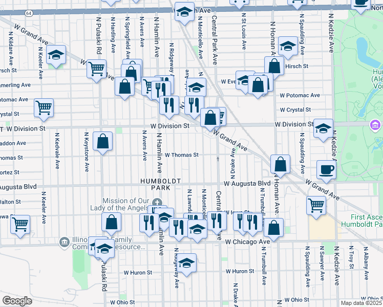 map of restaurants, bars, coffee shops, grocery stores, and more near 3656 West Thomas Street in Chicago