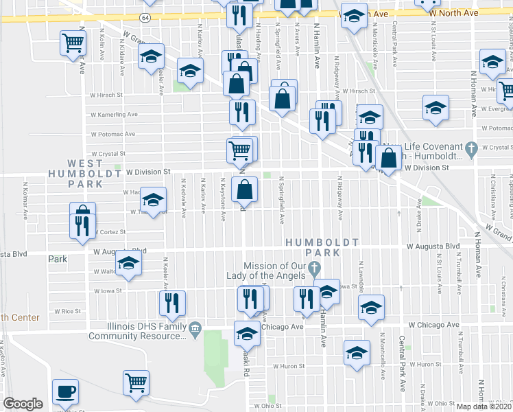 map of restaurants, bars, coffee shops, grocery stores, and more near 1101 North Pulaski Road in Chicago