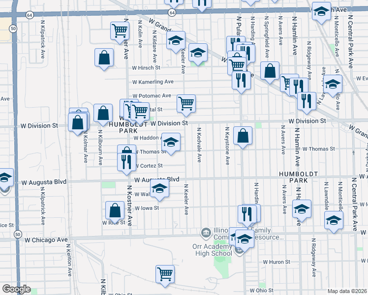 map of restaurants, bars, coffee shops, grocery stores, and more near 4220 West Thomas Street in Chicago