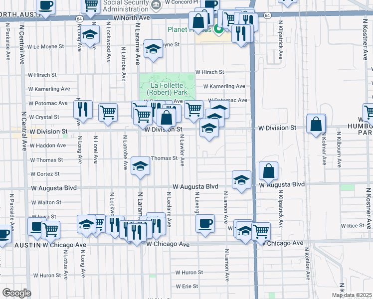 map of restaurants, bars, coffee shops, grocery stores, and more near 1117 North Lawler Avenue in Chicago