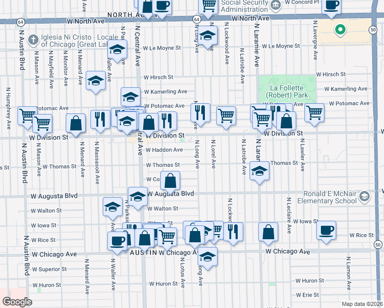 map of restaurants, bars, coffee shops, grocery stores, and more near 5429 West Haddon Avenue in Chicago