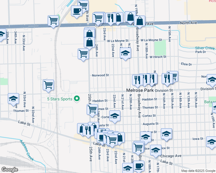 map of restaurants, bars, coffee shops, grocery stores, and more near 1512 North 22nd Avenue in Melrose Park