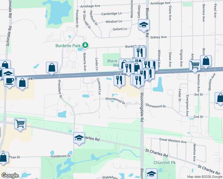 map of restaurants, bars, coffee shops, grocery stores, and more near 91 East North Avenue in Glendale Heights