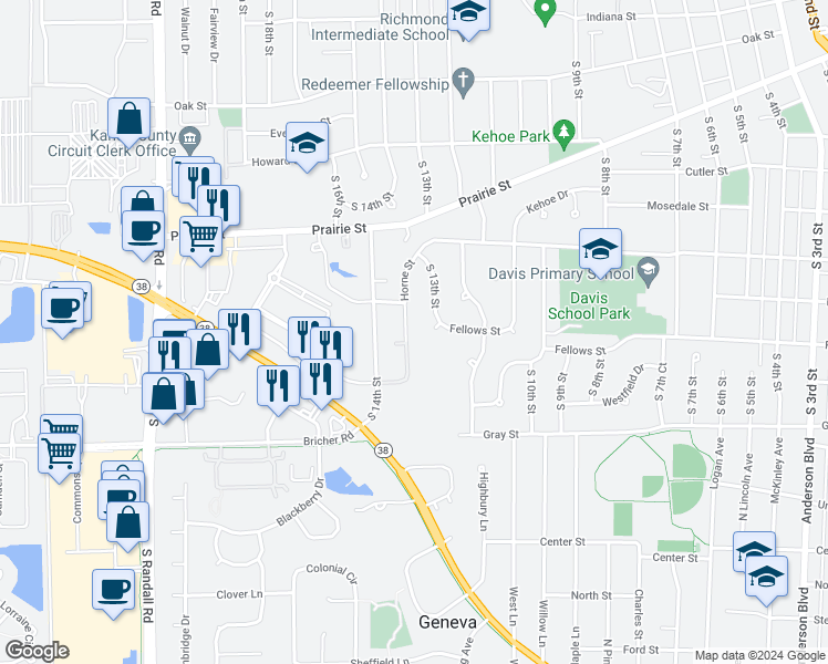 map of restaurants, bars, coffee shops, grocery stores, and more near 1420 Marie Street in St. Charles