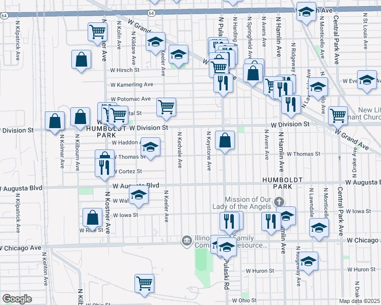 map of restaurants, bars, coffee shops, grocery stores, and more near 1102 North Karlov Avenue in Chicago