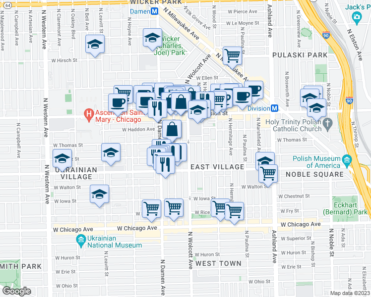 map of restaurants, bars, coffee shops, grocery stores, and more near 1048 North Wolcott Avenue in Chicago