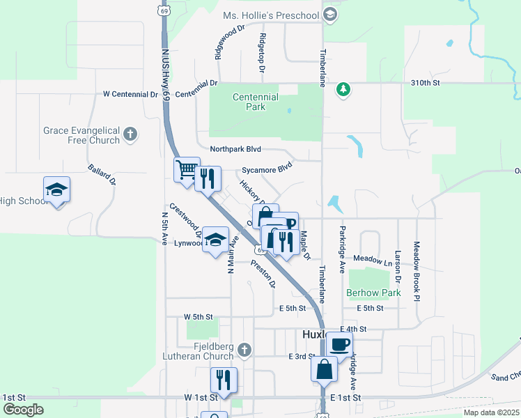 map of restaurants, bars, coffee shops, grocery stores, and more near 803 Hickory Drive in Huxley
