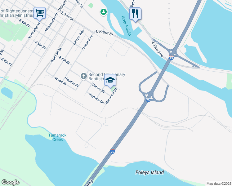 map of restaurants, bars, coffee shops, grocery stores, and more near 415 Norwood Drive in Monroe