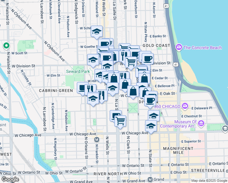 map of restaurants, bars, coffee shops, grocery stores, and more near 1012 North LaSalle Drive in Chicago