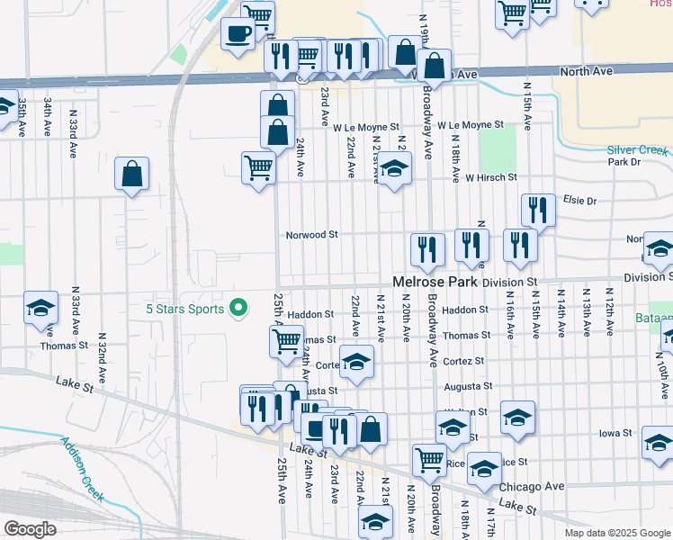 map of restaurants, bars, coffee shops, grocery stores, and more near 1512 North 22nd Avenue in Melrose Park