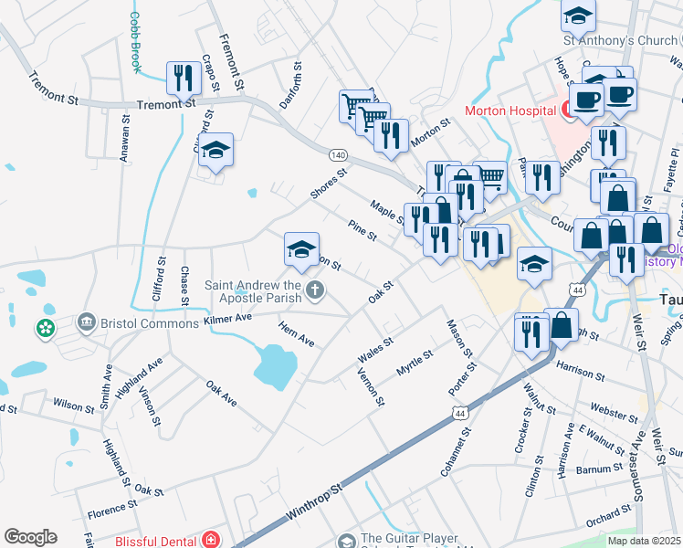 map of restaurants, bars, coffee shops, grocery stores, and more near 20 Kilton Street in Taunton