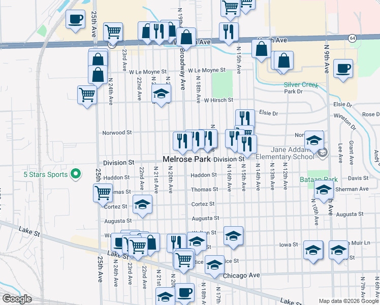 map of restaurants, bars, coffee shops, grocery stores, and more near in Melrose Park