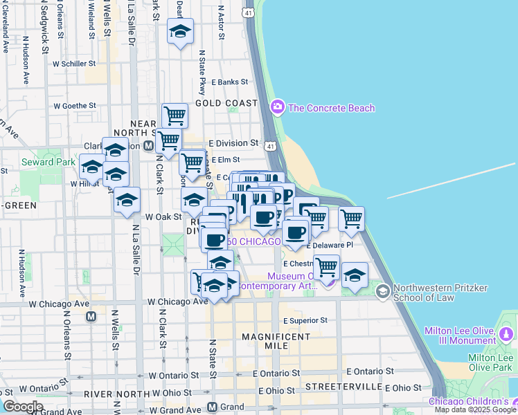 map of restaurants, bars, coffee shops, grocery stores, and more near 106 East Oak Street in Chicago