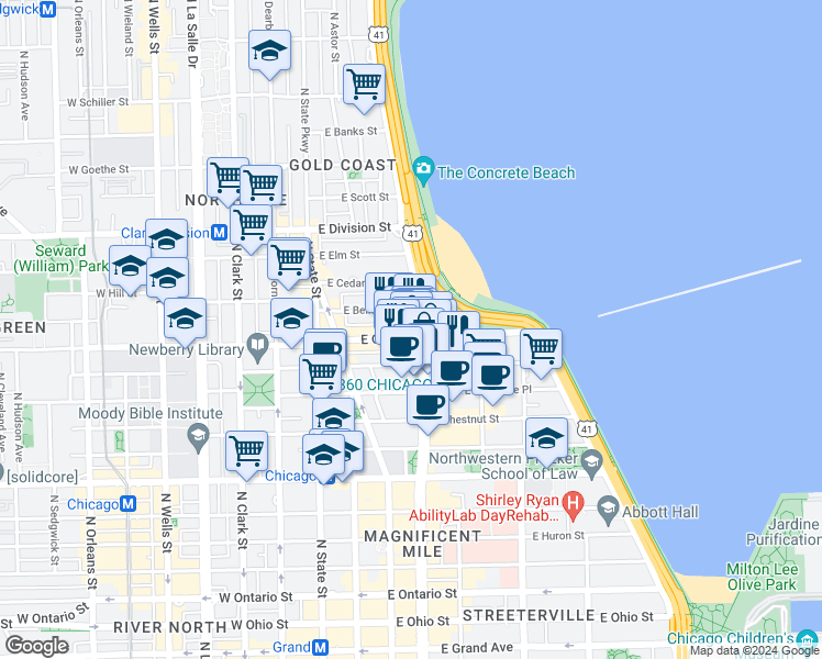 map of restaurants, bars, coffee shops, grocery stores, and more near in Chicago