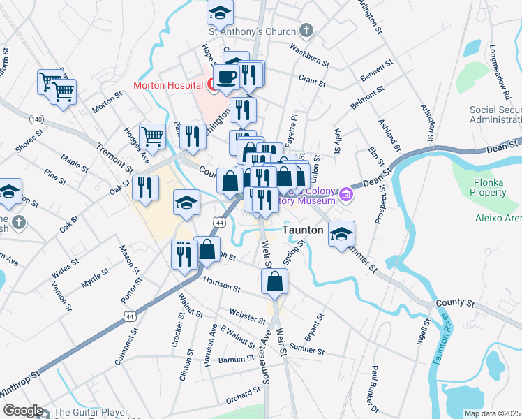 map of restaurants, bars, coffee shops, grocery stores, and more near 26 Weir Street in Taunton