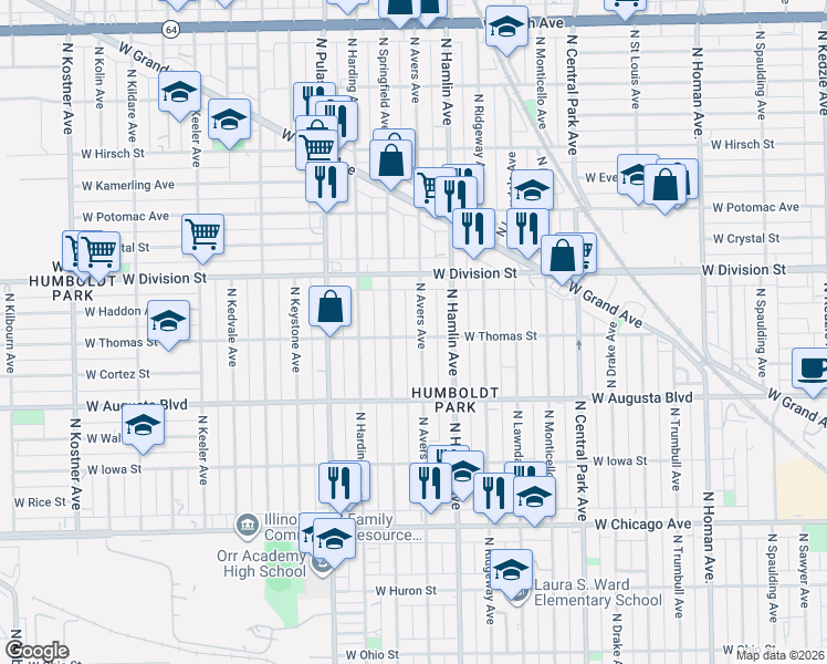 map of restaurants, bars, coffee shops, grocery stores, and more near 1100 North Avers Avenue in Chicago
