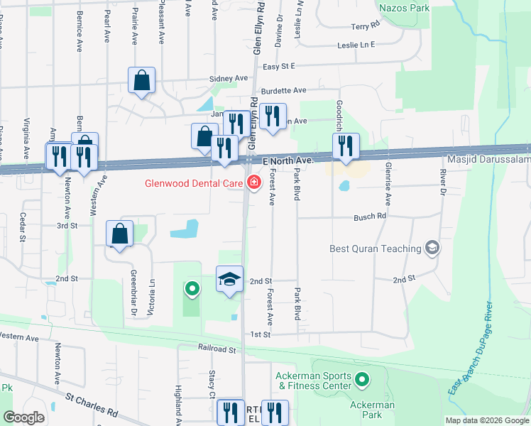 map of restaurants, bars, coffee shops, grocery stores, and more near 1N662 Forest Avenue in Glen Ellyn