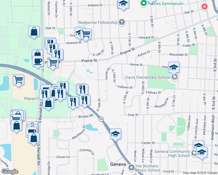 map of restaurants, bars, coffee shops, grocery stores, and more near 1420 Marie Street in St. Charles