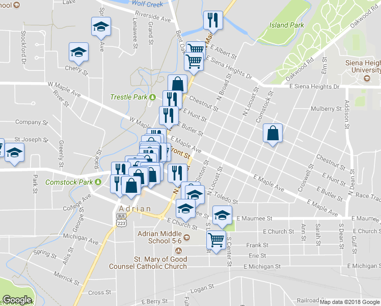 map of restaurants, bars, coffee shops, grocery stores, and more near 305 North Broad Street in Adrian