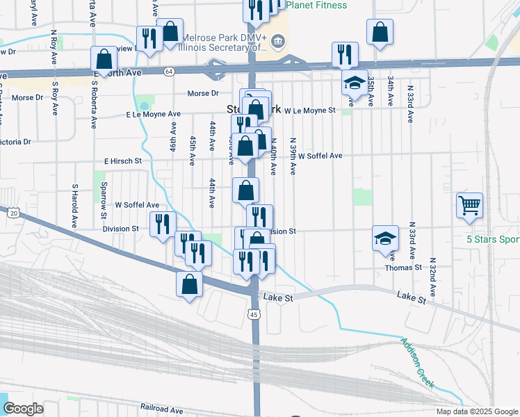 map of restaurants, bars, coffee shops, grocery stores, and more near 1629 North Mannheim Road in Stone Park