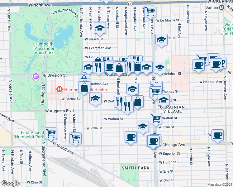 map of restaurants, bars, coffee shops, grocery stores, and more near 2551 West Thomas Street in Chicago