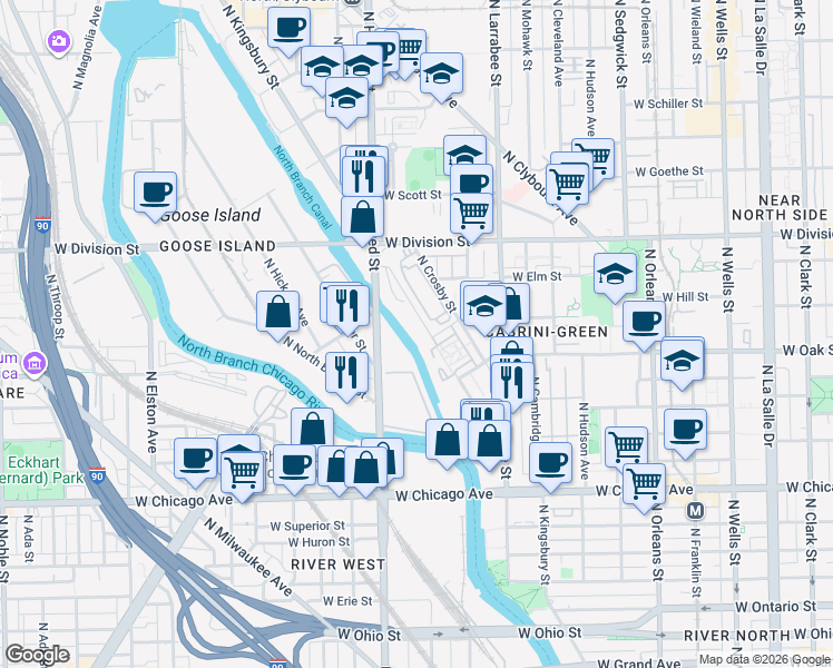 map of restaurants, bars, coffee shops, grocery stores, and more near 1040 North Kingsbury Street in Chicago