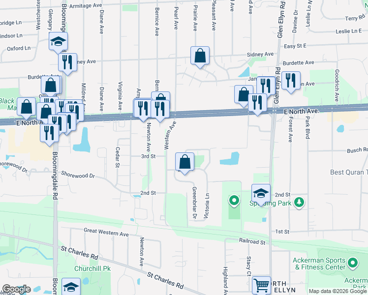 map of restaurants, bars, coffee shops, grocery stores, and more near 404 Coventry Circle in Glendale Heights