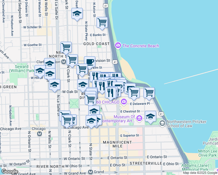 map of restaurants, bars, coffee shops, grocery stores, and more near 106 East Oak Street in Chicago