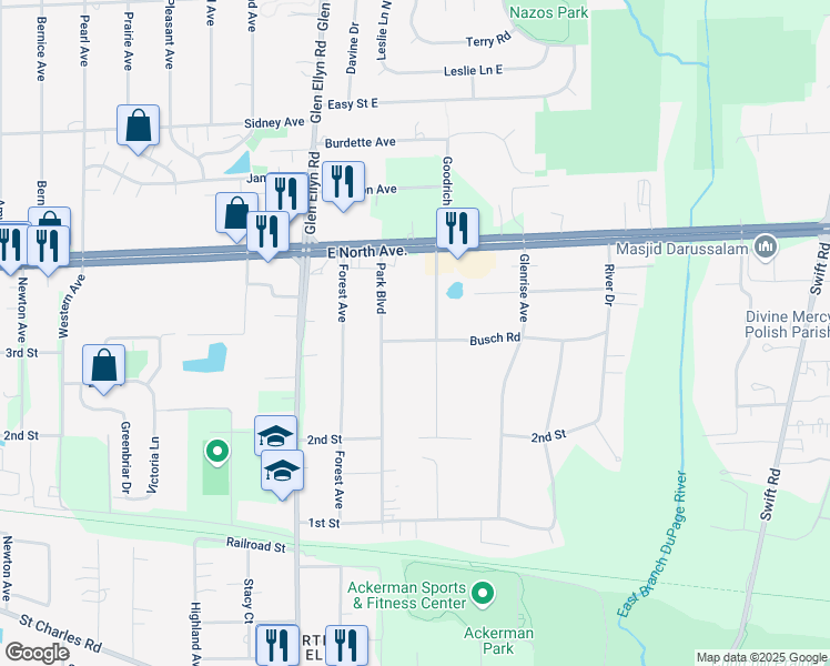 map of restaurants, bars, coffee shops, grocery stores, and more near 22W248 Busch Road in Glen Ellyn