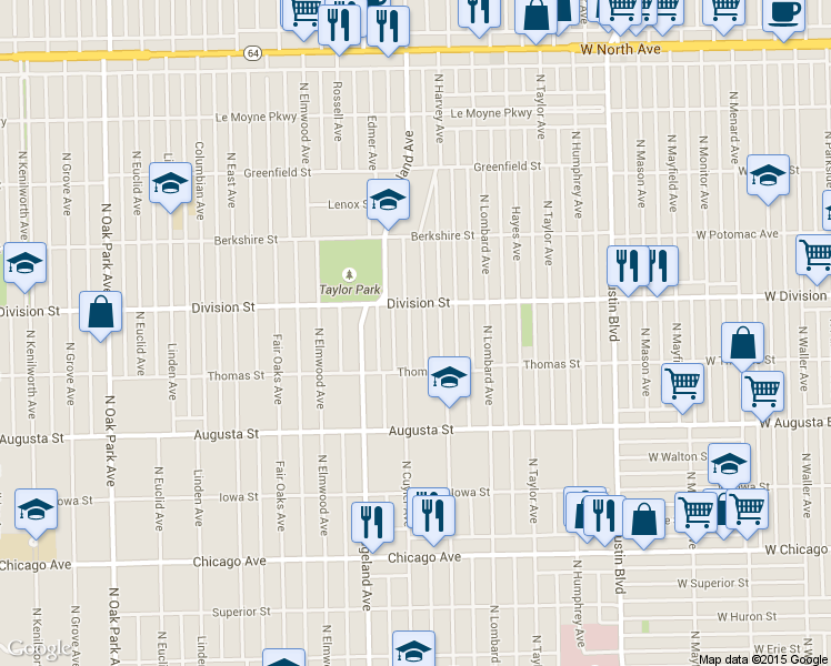 map of restaurants, bars, coffee shops, grocery stores, and more near 829 North Harvey Avenue in Oak Park