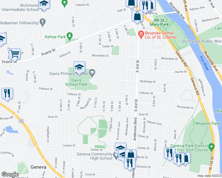 map of restaurants, bars, coffee shops, grocery stores, and more near 1226 South 6th Street in St. Charles